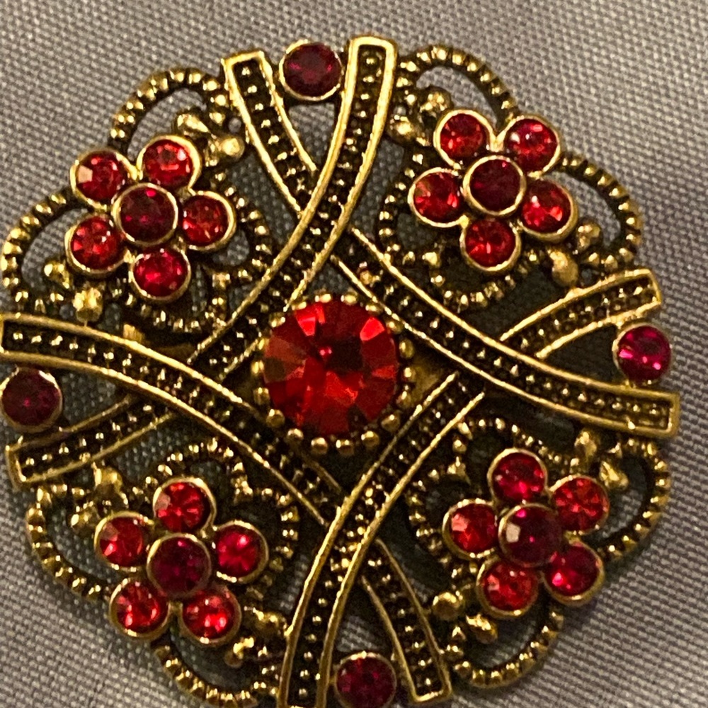 Elegant Gold and Red Floral Brooch